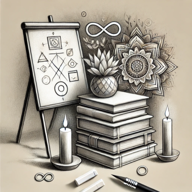 Illustrazione di un tavolo con libri, candele, un ananas e disegni geometrici.